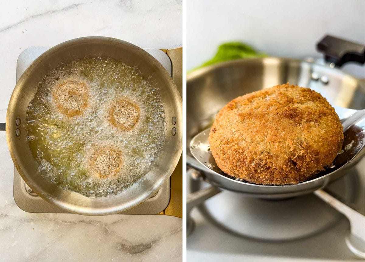 Tuna fish cutlets being deep fried in oil until golden brown and crispy.
