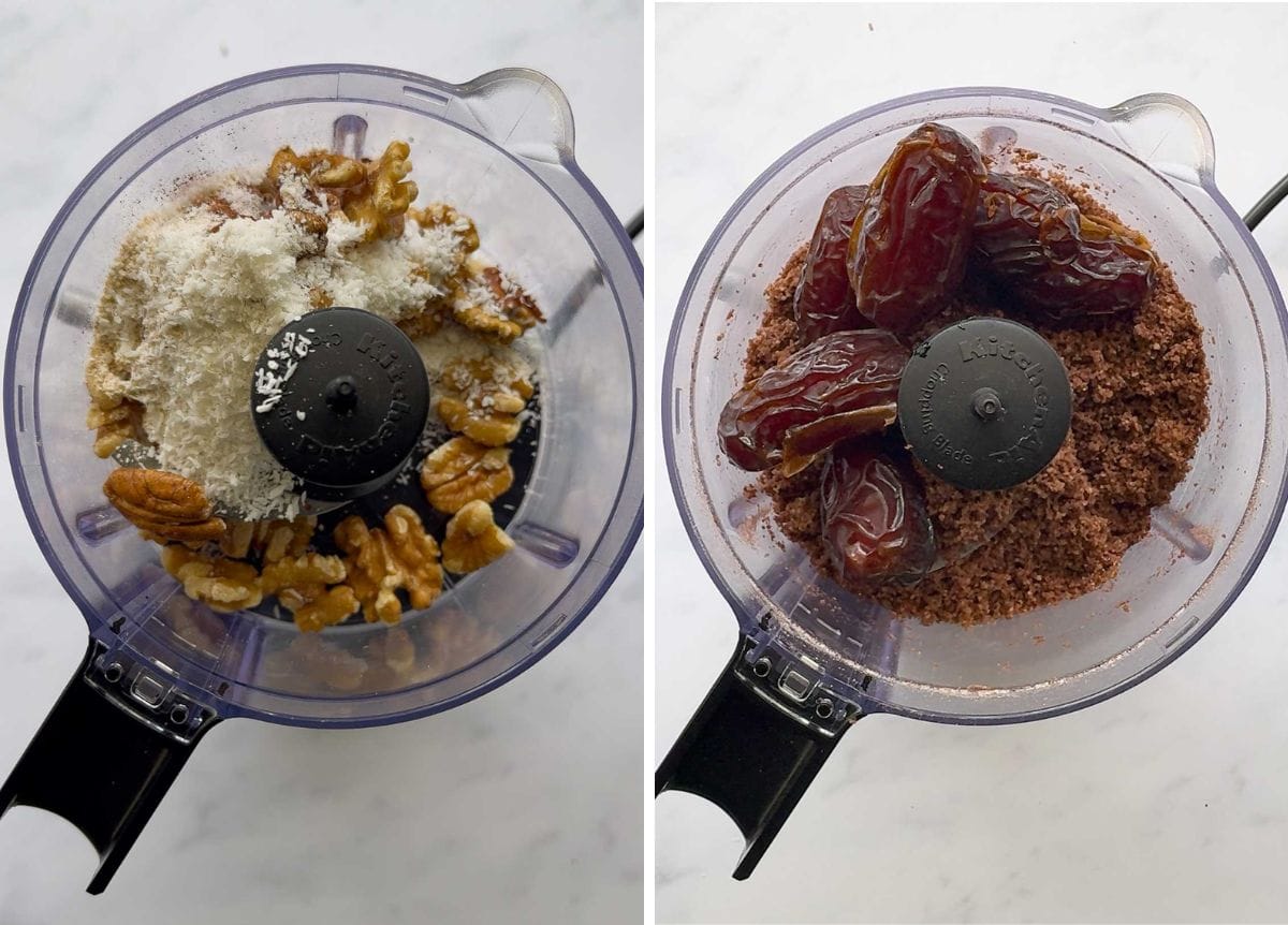Blending dry ingredients then adding dates for the nutty base of healthy chocolate mousse bars.