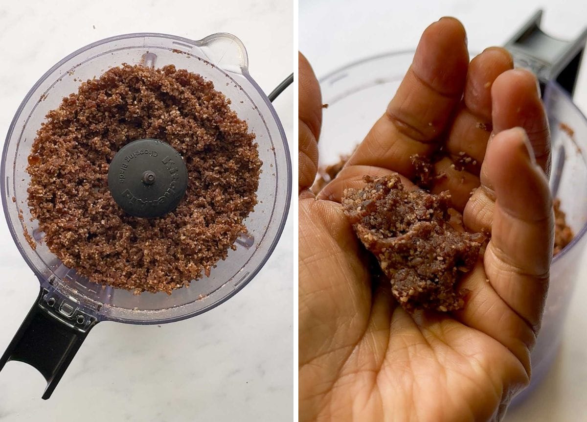 Blended nutty base mixture for healthy chocolate mousse bars with expected texture check in hand. Squeeze and it holds it shape.