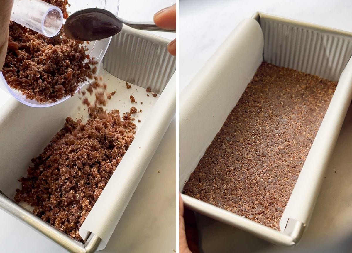 Nutty base for healthy chocolate mousse bars being transferred and pressed into loaf pan.