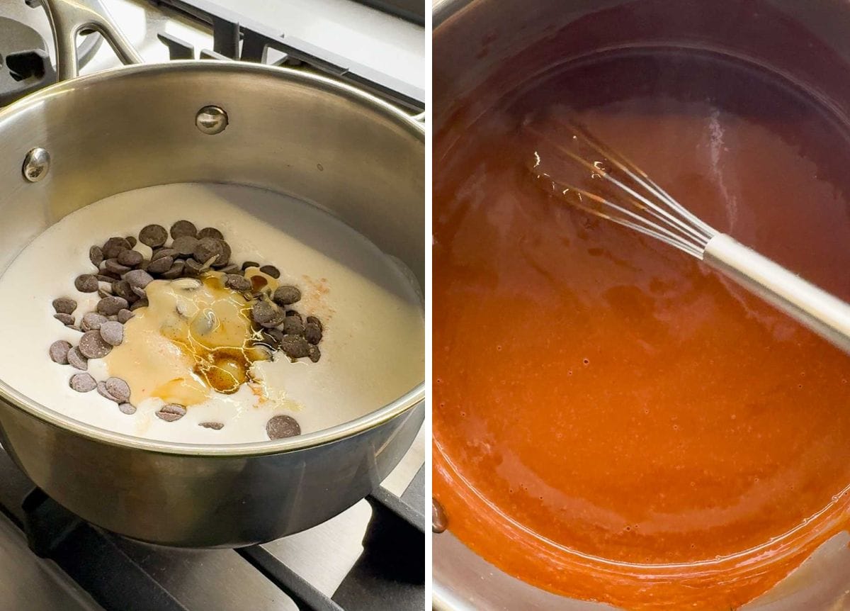 Melting ingredients for vegan chocolate mousse topping in saucepan, then whisked to a smooth mixture for healthy chocolate mousse bars.
