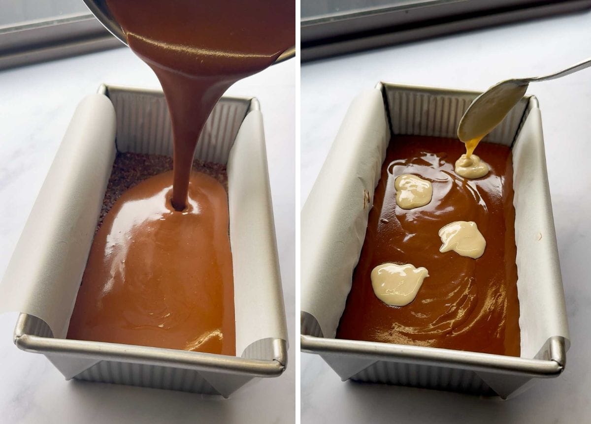 Pouring vegan chocolate mousse over nutty base, then adding tahini dollops for swirl topping in healthy chocolate mousse bars.