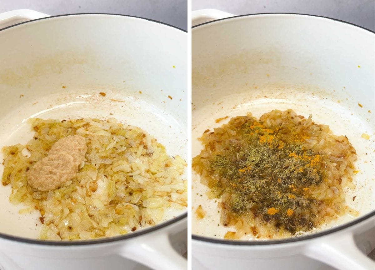 Caramelised onions in a pot with garlic and Indian spices like turmeric and fennel powder for tuna cutlets.