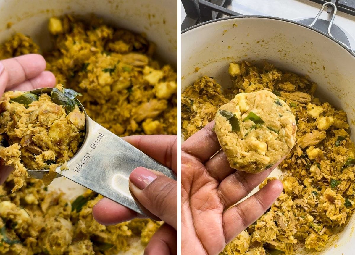 Mixture for Kerala Tuna Cutlets being portioned with a measuring cup and shaped into patties.