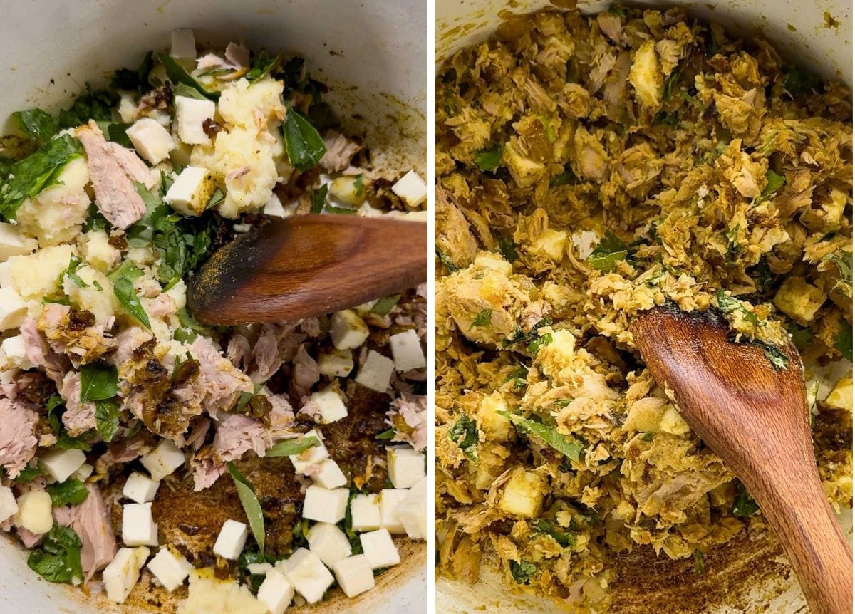 Canned tuna, mashed potato, paneer, coriander, curry leaves and spices being mixed together for Kerala tuna fish cutlets.