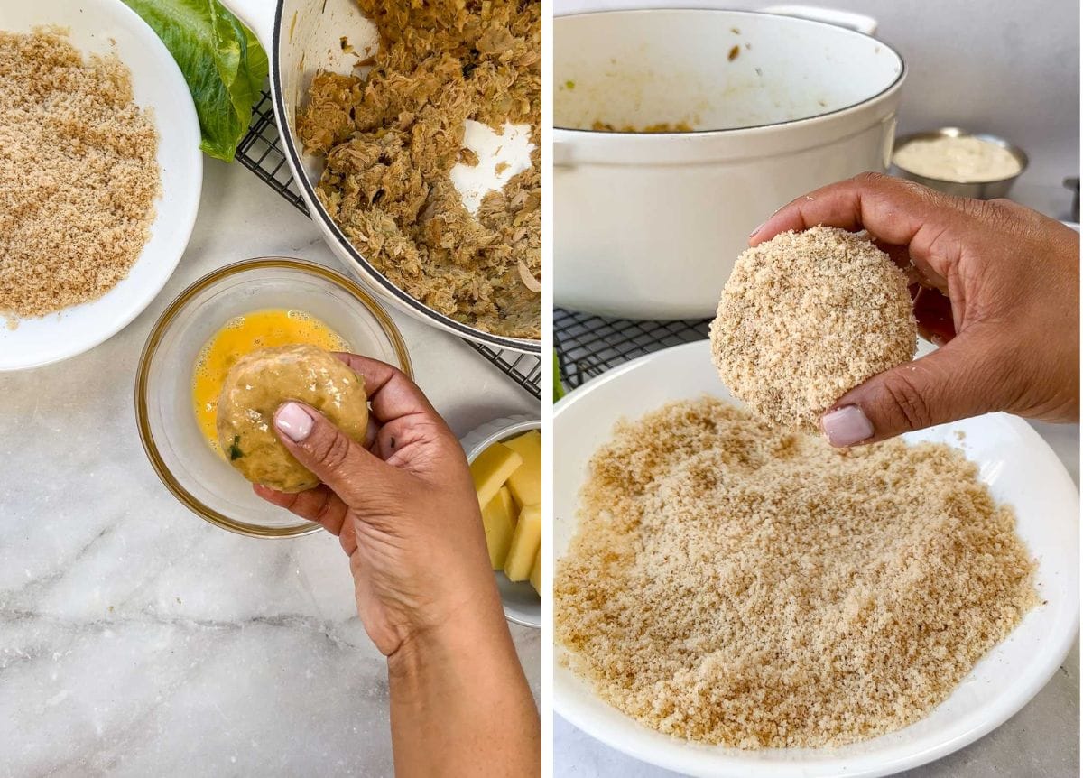 Shaped tuna fish patties dipped in beaten egg and coated with fresh bread crumbs before frying.