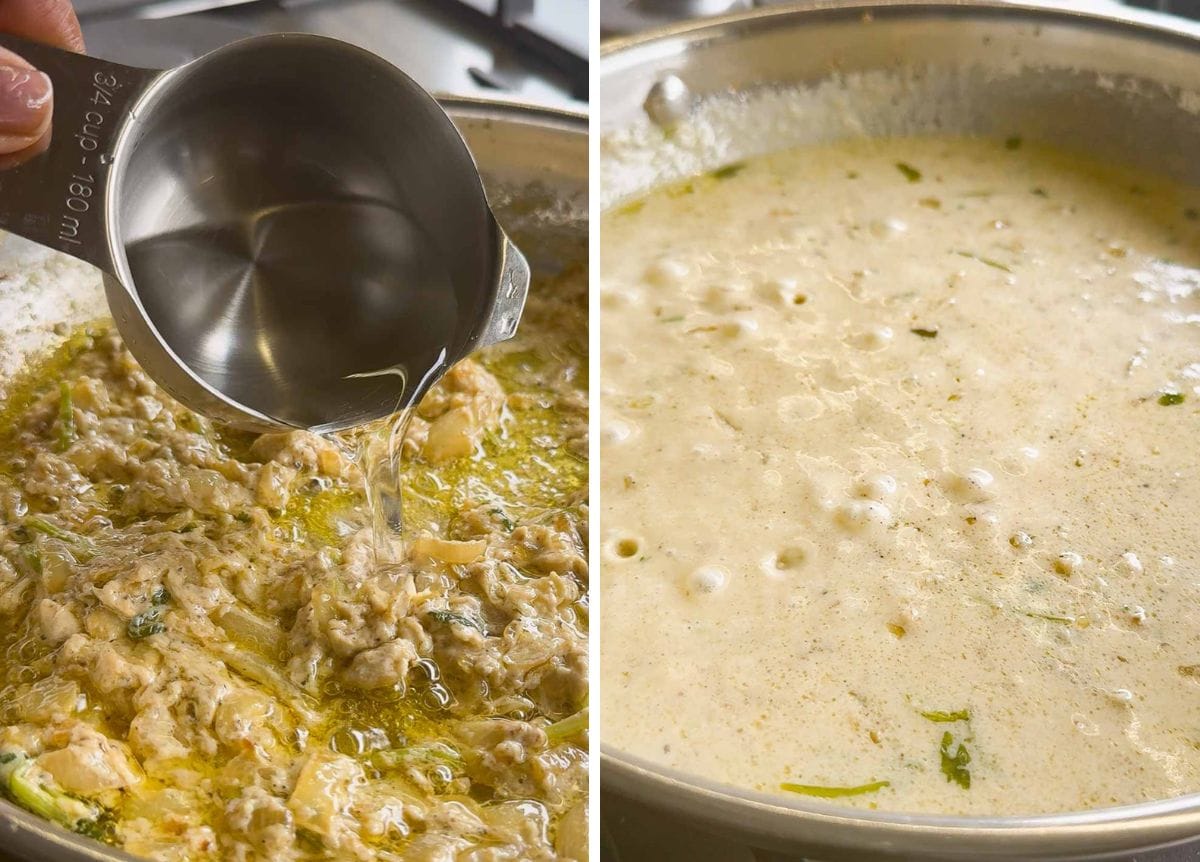 water being poured into the curry. then the curry simmering for the creamy chicken kofta curry.