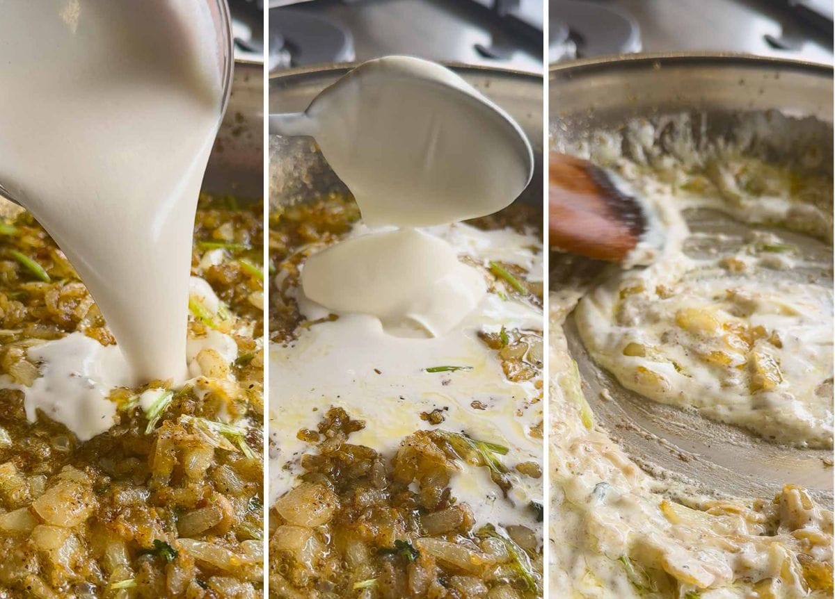 3 step process image, showing cashew milk being poured into gravy, followed by yoghurt, then these ingredients all being mixed for the gravy base.