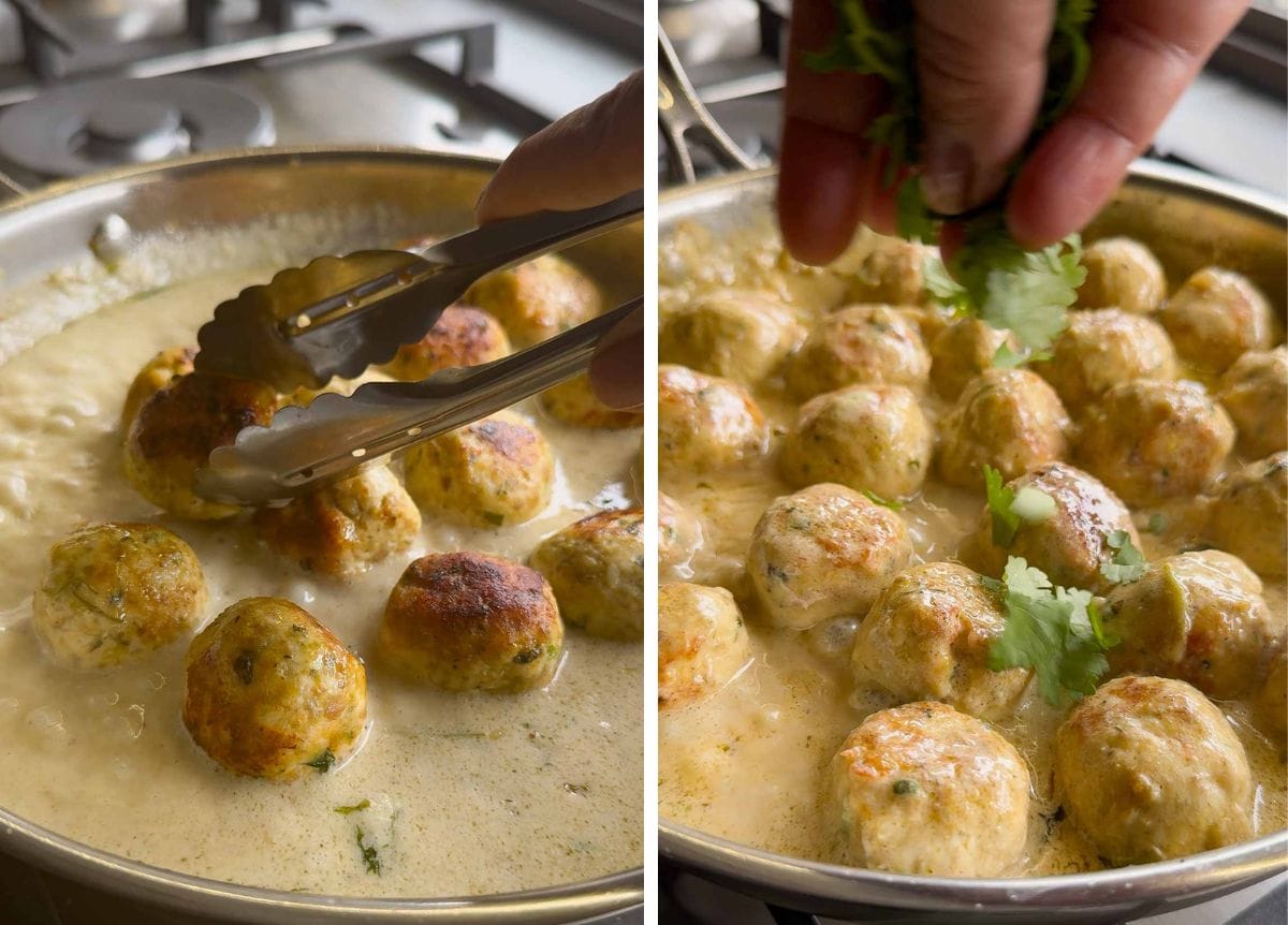 2 step process image, showing tongs returning the cooked chicken meatballs to the curry in the pan, and coriander being sprinkled over the dish.