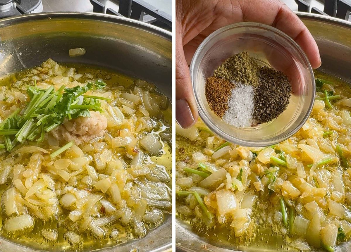 2 step process image, showing ginger, garlic & coriander stems added to the sautéed onions. then seconde image showing spices being added to gravy base for creamy chicken kofta curry.