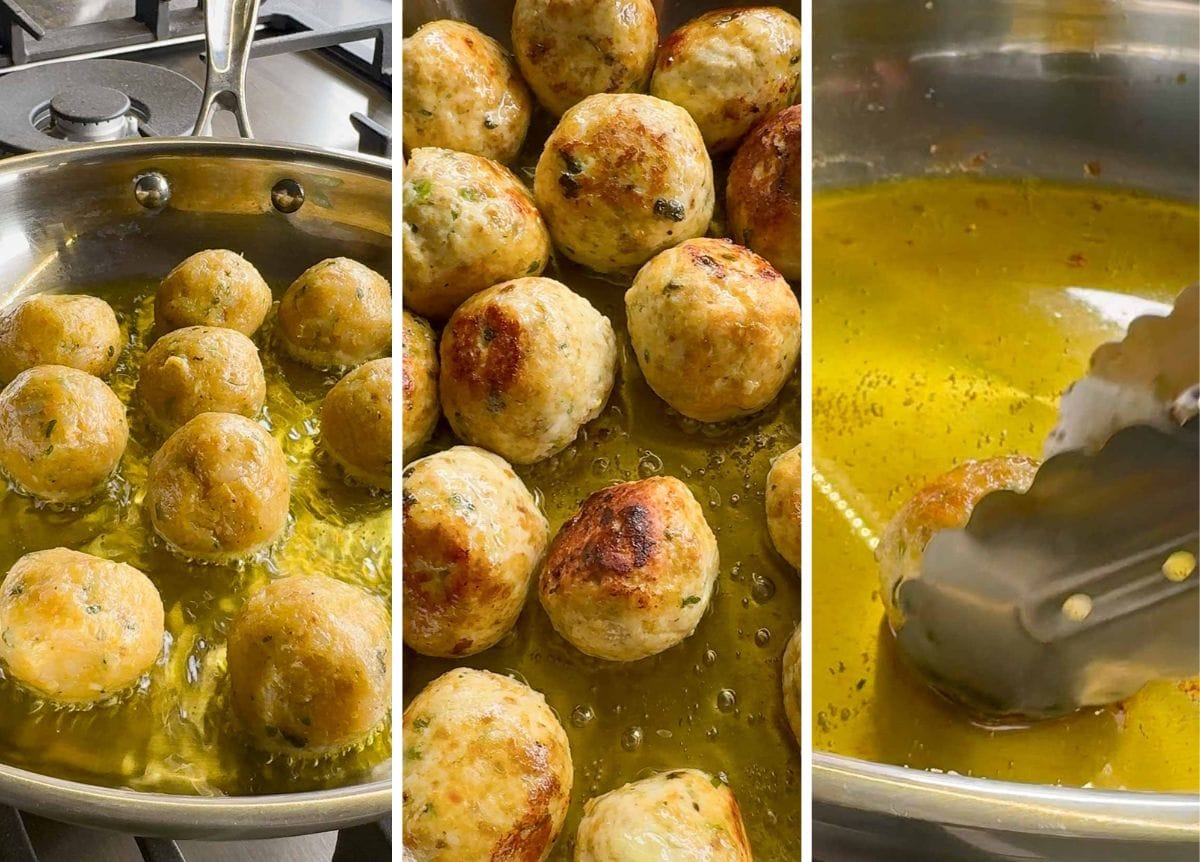 3 step process image. showing meatballs in oil frying, then meatballs with golden brown colour on them and third image removing the meatballs from the oil  when making the creamy chicken kofta curry.