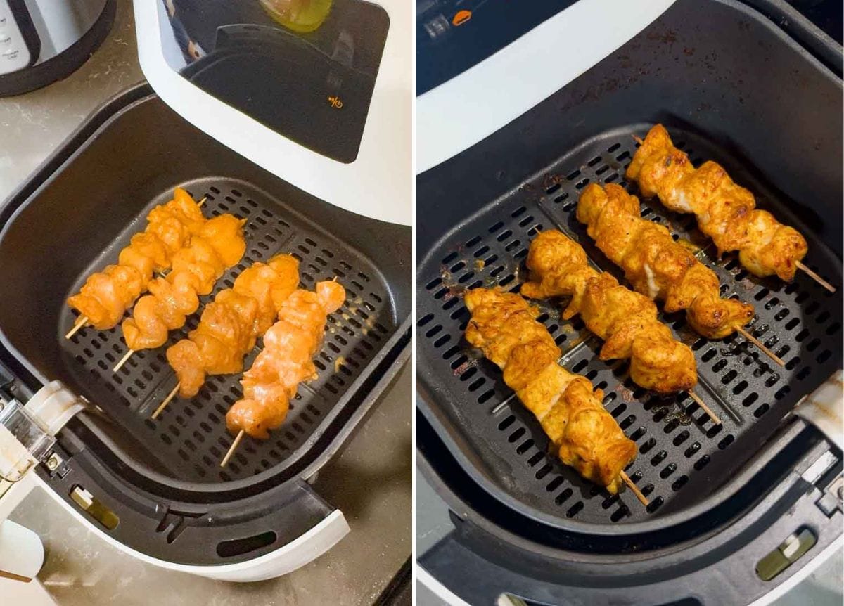 air fryer satay chicken skewers cooking before and after, showing marinated chicken breast skewers turning golden brown with lightly charred edges.