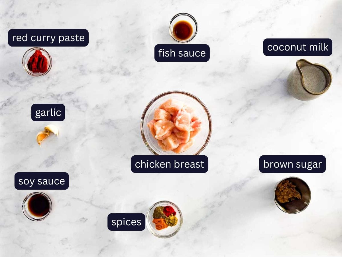 top shot on marble background of ingredients fir our fryer satay chicken skewers. including chicken breast, coconut milk, red curry paste, fish sauce, sou sauce, garlic, brown sugar and spices.