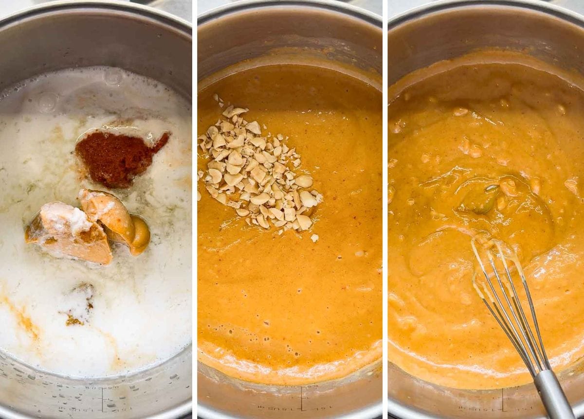 3-step process showing how to make homemade peanut sauce that goes with satay chicken skewers. simmering ingredients, adding chopped peanuts, stirring to combined and thickened.