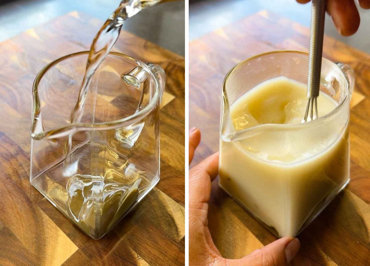 beef bone broth being made in a glass mug. split image with left showing water being poured into beef bone broth concentrate and right showing the concentrate and water being mixed. 