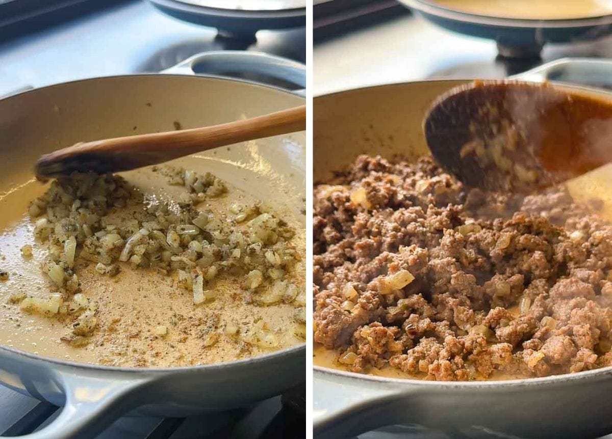 split image of a high-protein skillet lasagna showing pasta sauce and bone broth added to seasoned beef, followed by broken lasagna sheets pressed into the sauce to cook.