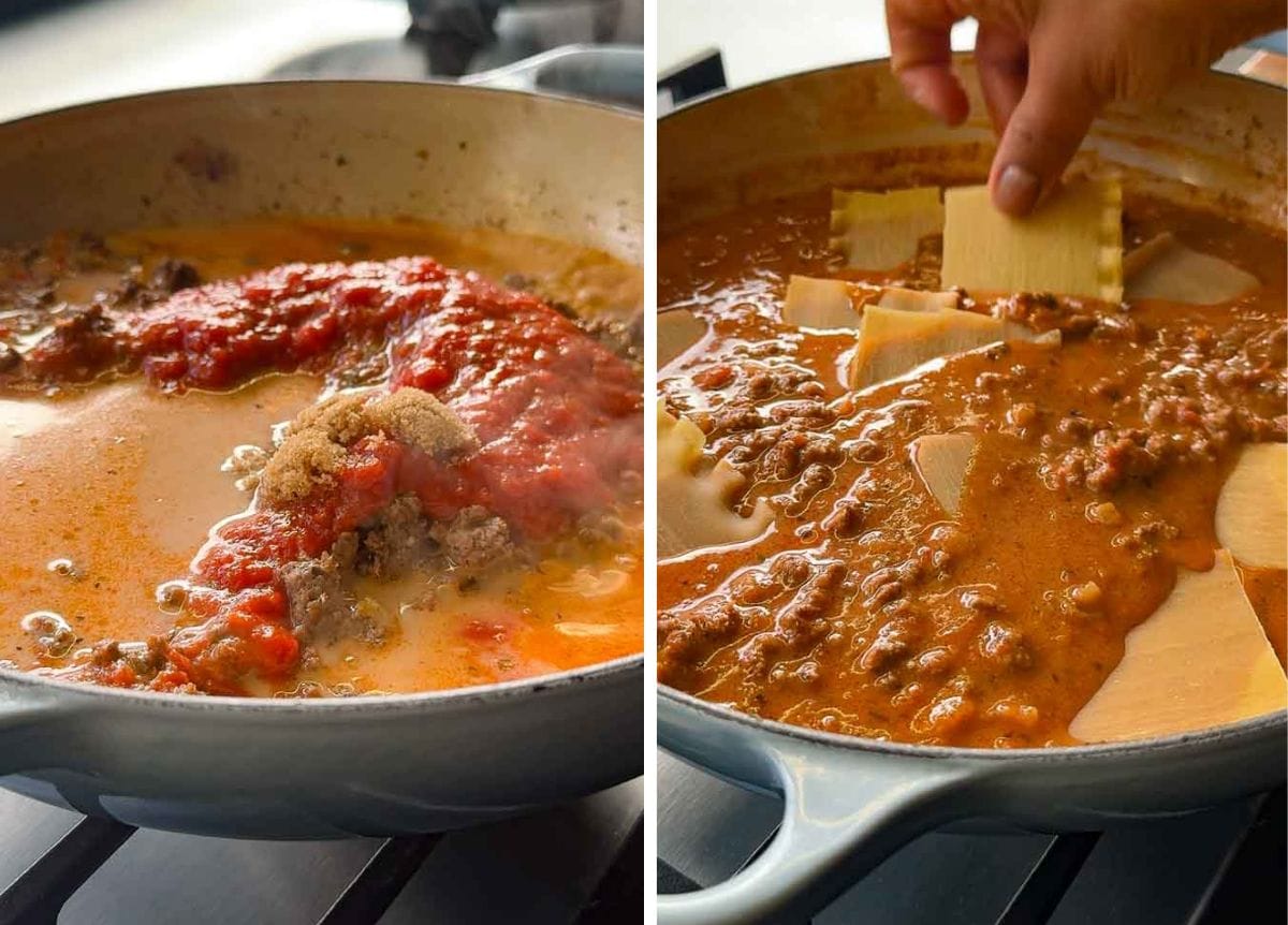 split image showing pasta sauce and beef bone broth being added to browned beef in a skillet, followed by broken lasagna sheets being pressed into the sauce before cooking