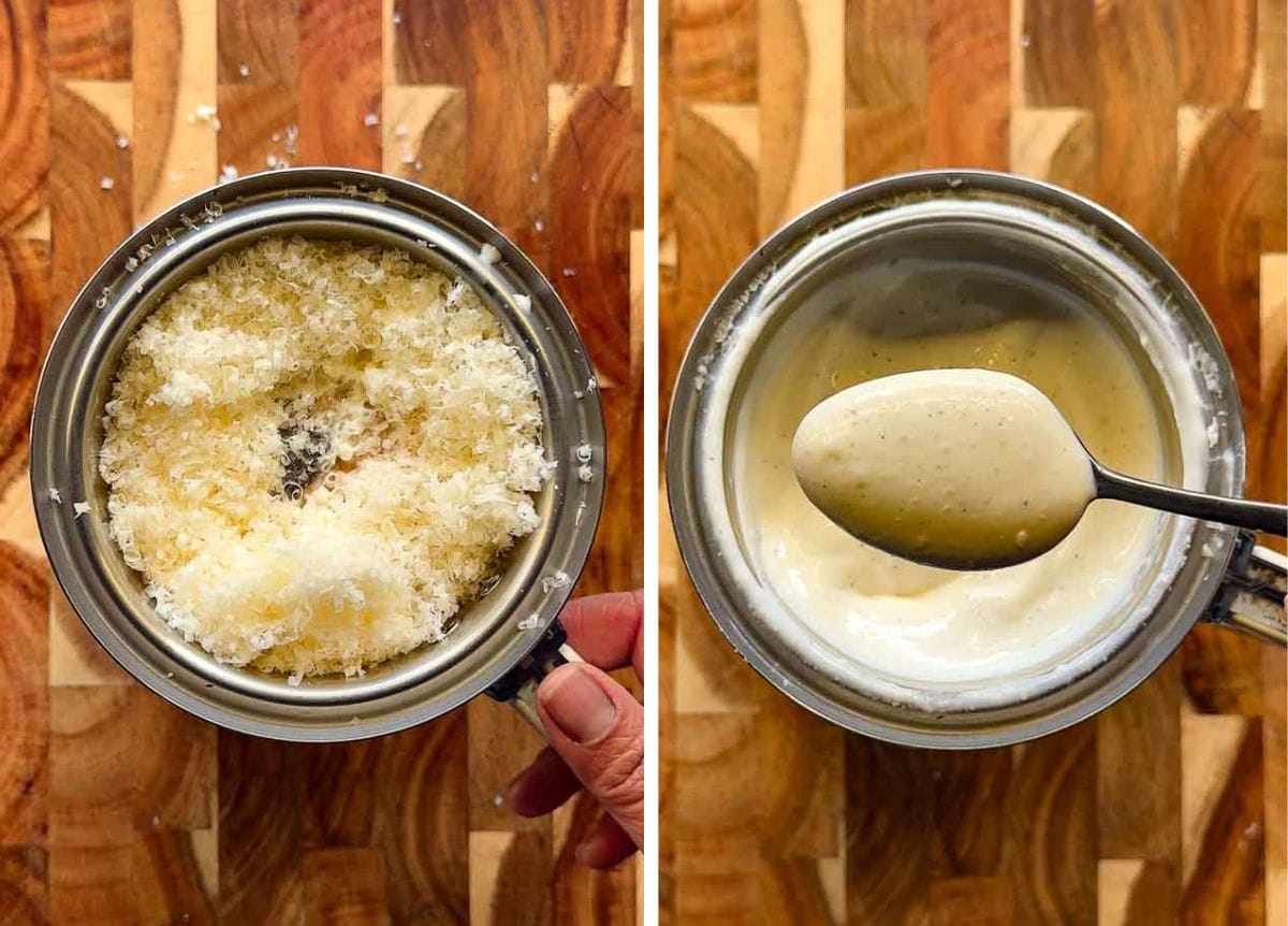 split image showing cottage cheese, milk, parmesan and seasonings before and after blending into a smooth, creamy sauce for high protein skillet lasagna.