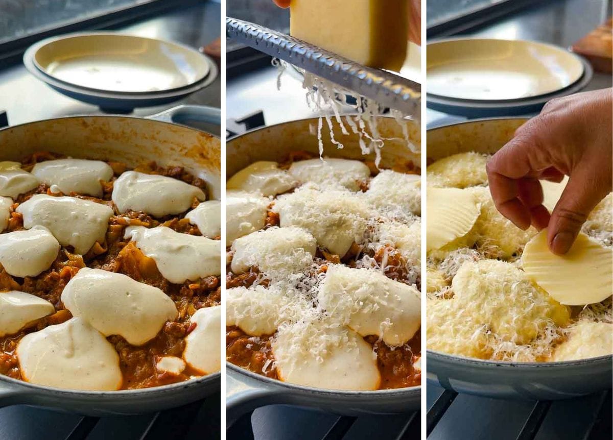 three step image of high protein skillet lasagna topped with whipped cottage cheese sauce, grated parmesan and fresh mozzarella before being grilled until golden