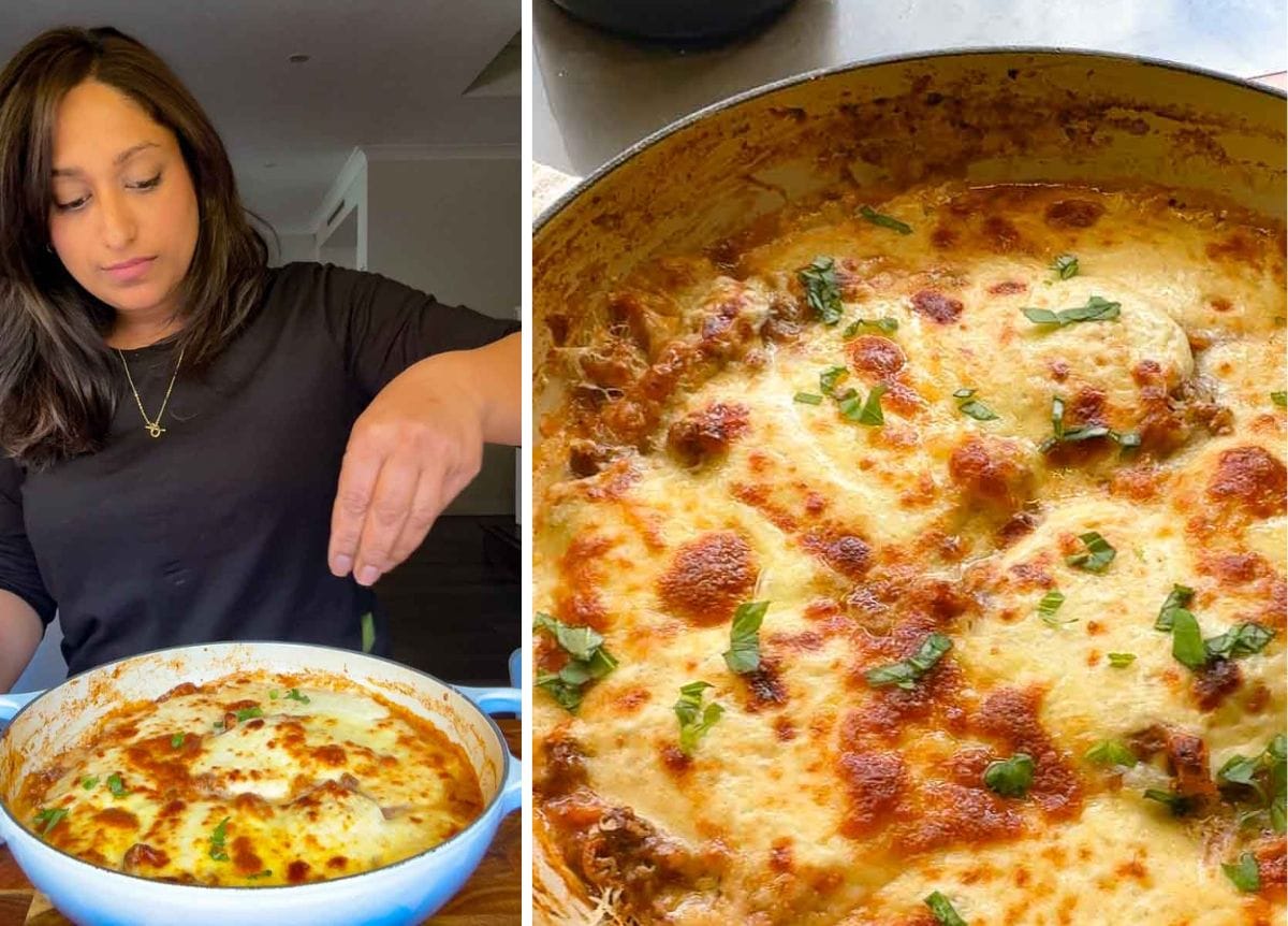 split image showing high protein skillet lasagna after grilling, with golden, bubbling cheese topped with fresh basil and ready to serve