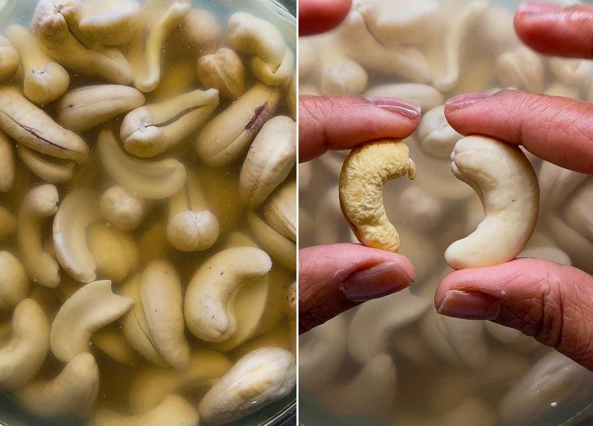 process image of cashews soaking and the difference between raw and soaked.
