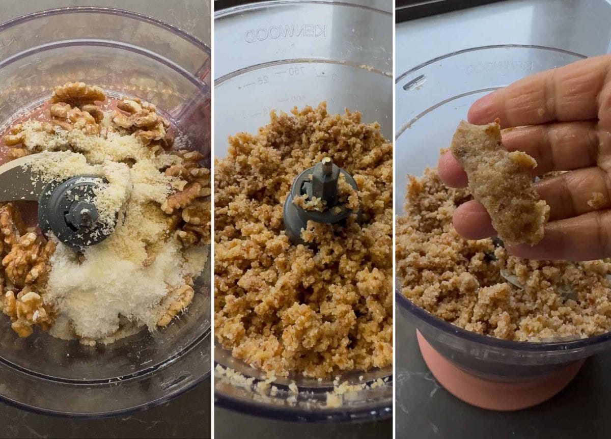 3 step process image of nutty base for vegan no bake cheesecake made in a food processor