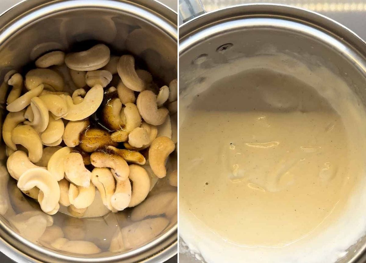 2 step image showing cashew mixture for cheesecake layer of vegan no bake cheesecake, then blended cashew mixture