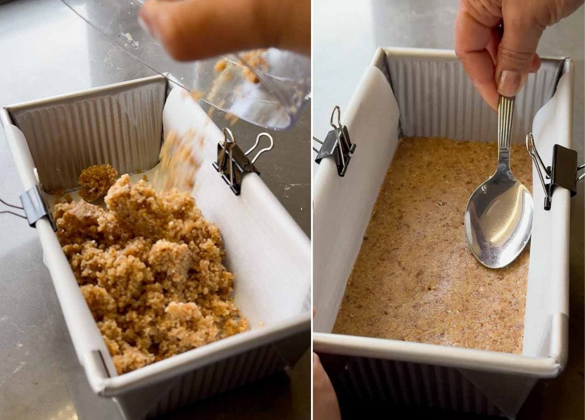 2 step image showing nutty base being poured into the loaf pan, then being pressed and flattened smooth by a spoon