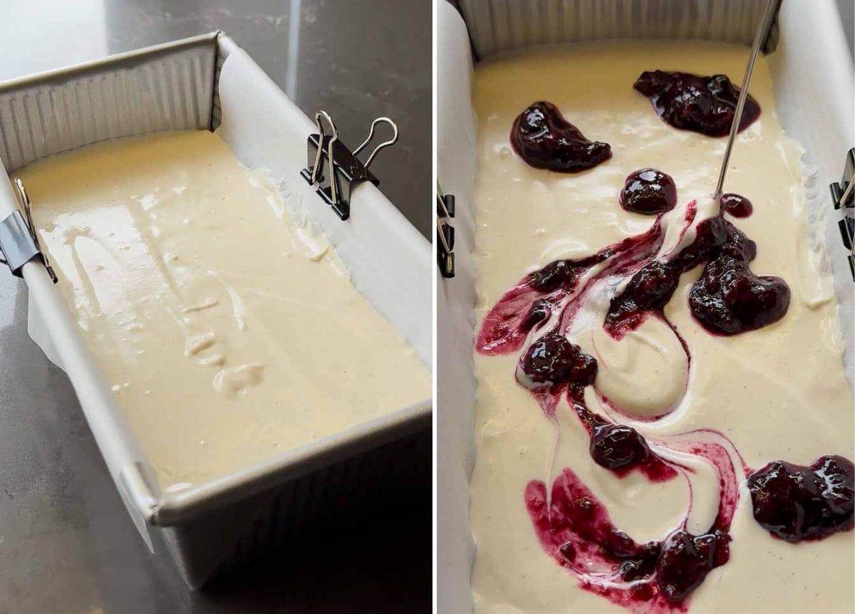 2 step image, cheesecake layer smoothed in a loaf pan, then blueberry compote swirled on top.