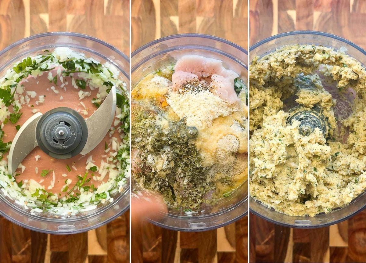 3 step process. blending aromatics, followed by the remaining ingredients for the meatballs, then the blended meatball mixture