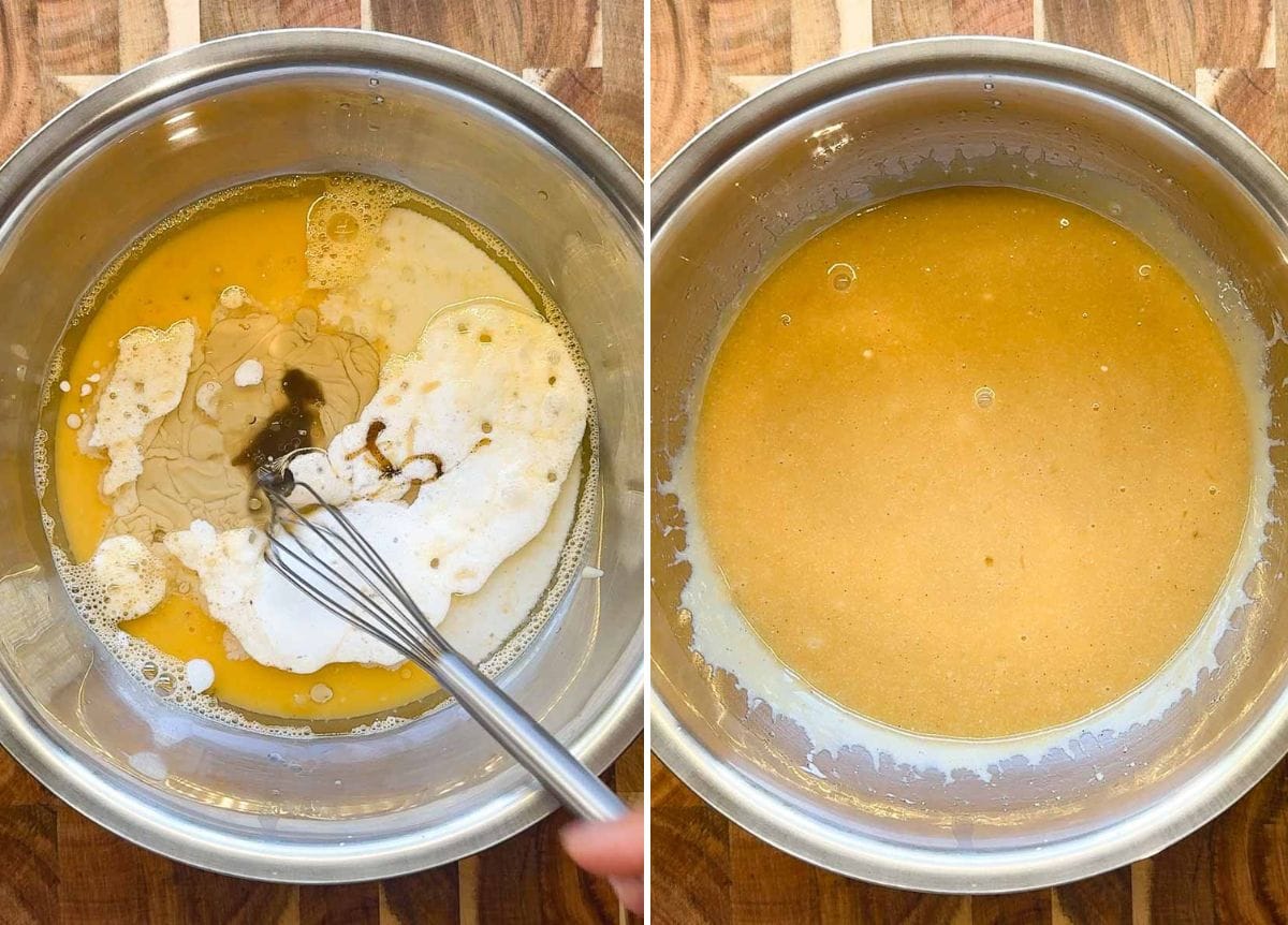 2 step process image. showing wet ingredients in a bowl, followed by wet ingredients mixed in the bowl