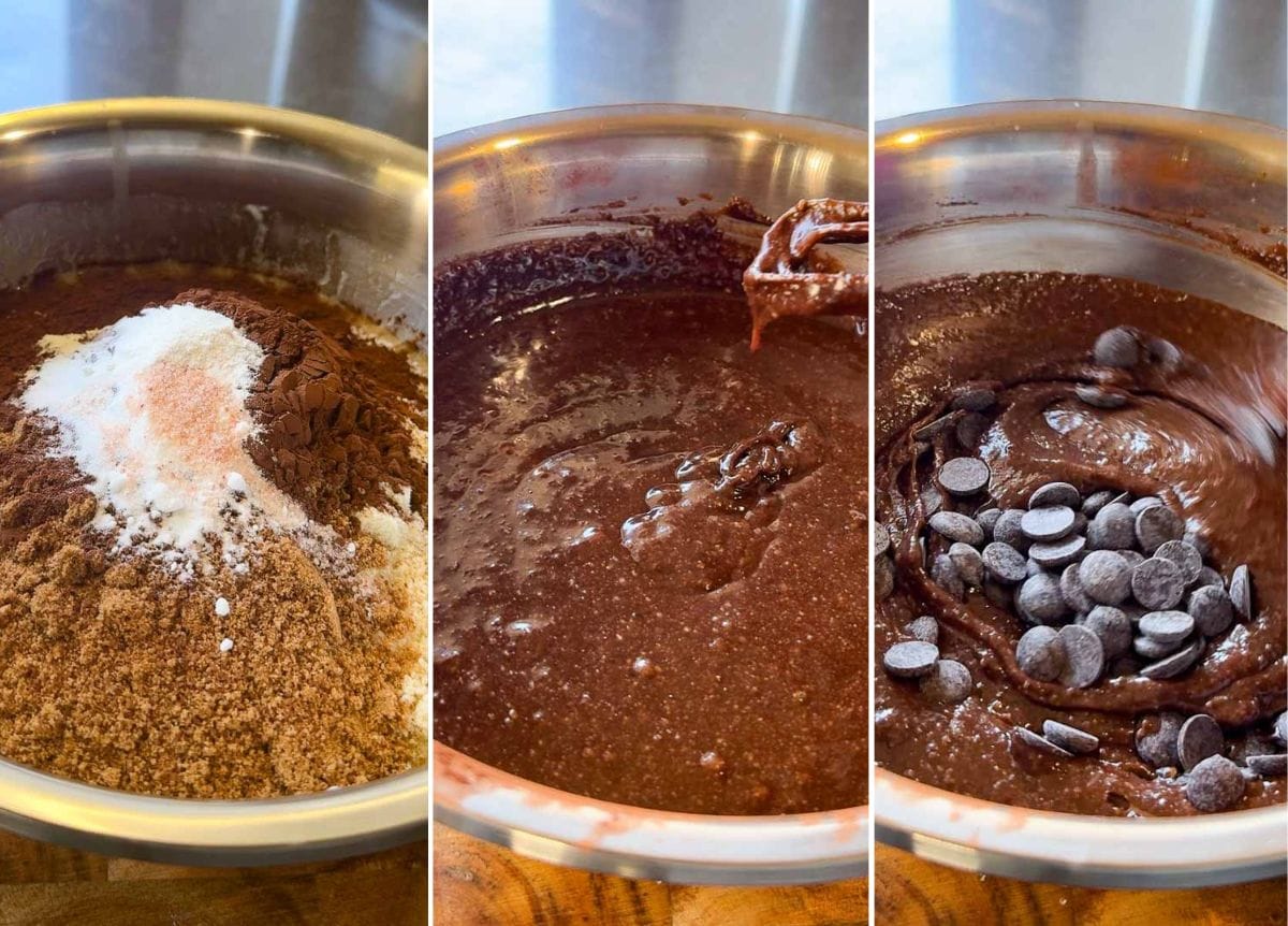 Mixing the chocolate brownie batter and folding in the chocolate chips.