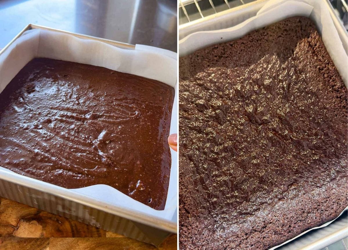 best healthy frosted almond flour brownies before and after baking in a parchment lined pan
