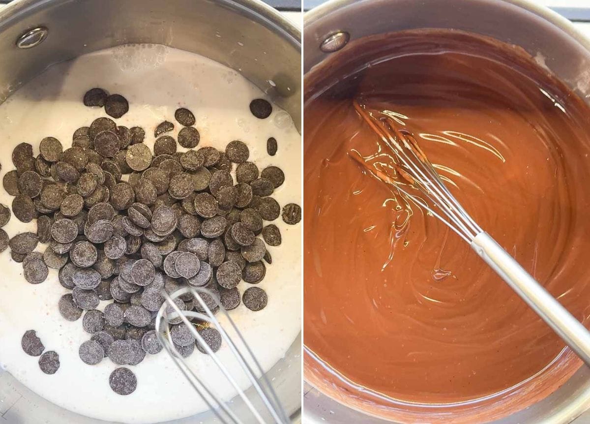 making the chocolate ganache frosting for the best healthy frosted almond flour brownies