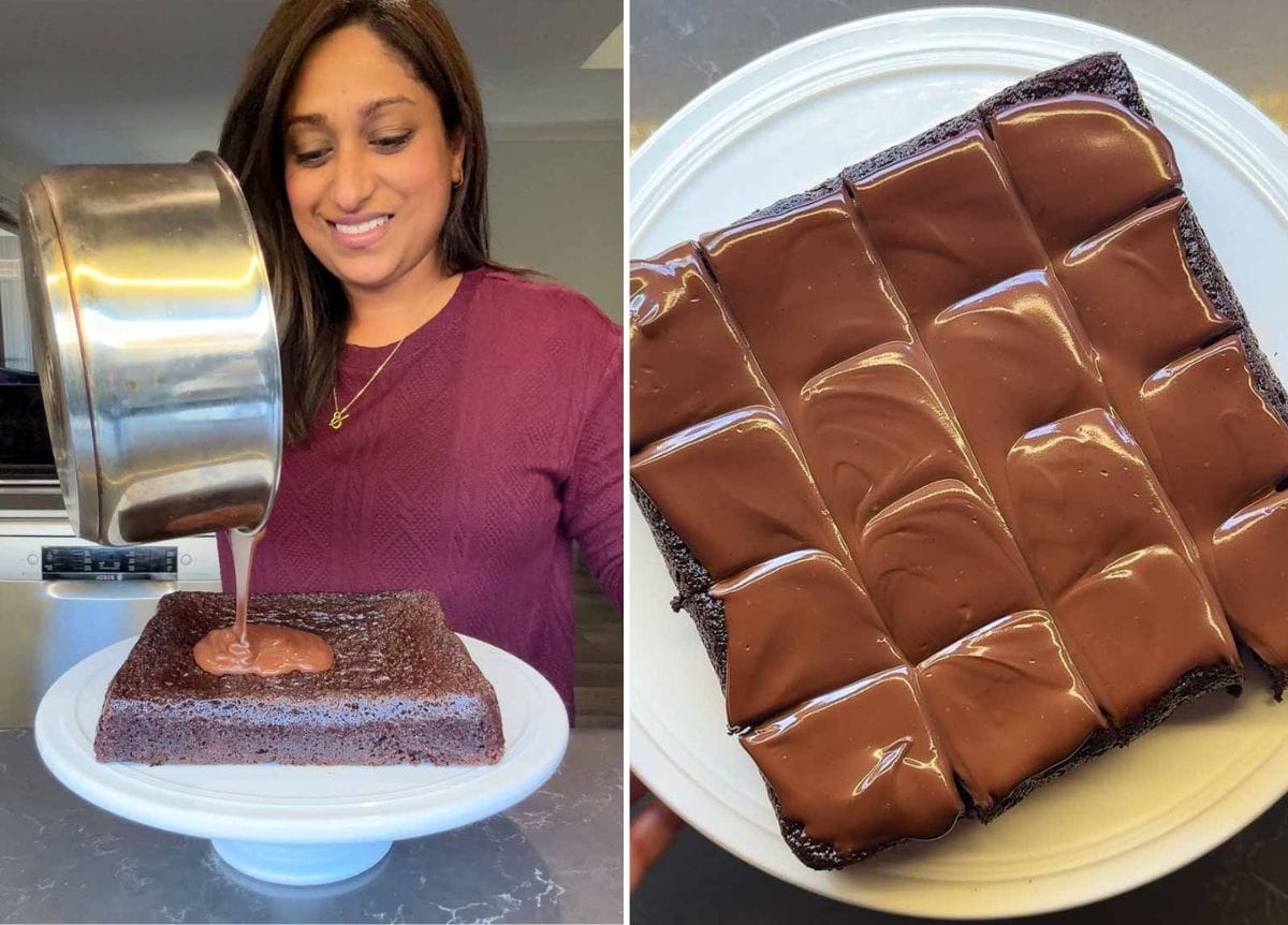 pouring the silky chocolate ganache frosting over the brownies