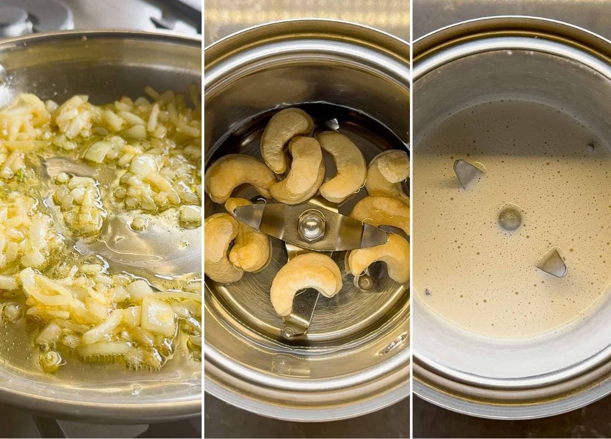 3 step process image. showing pan sautéed onions, then small grinder with cashews and water, then blended cashew milk, for the gravy.